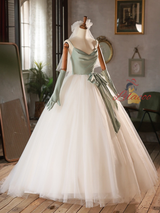 White Tulle Green Satin Straps Wedding Dress