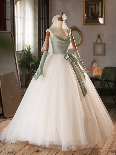 White Tulle Green Satin Straps Wedding Dress