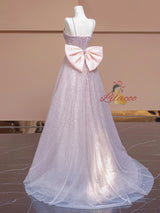 Pink Sequins Spaghetti Straps Prom Dress With Bow