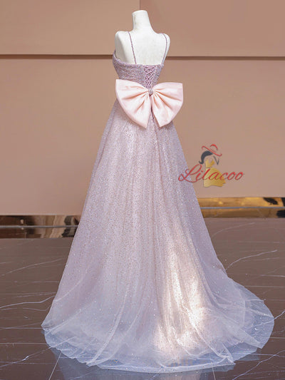 Pink Sequins Spaghetti Straps Prom Dress With Bow