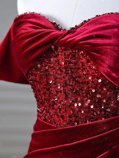Burgundy Mermaid Velvet Sequins Pleats Prom Dress