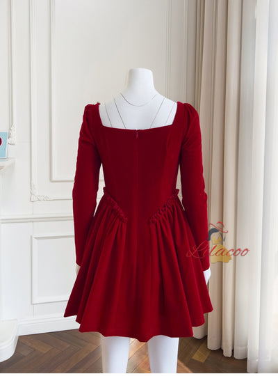 Retro Red Velvet Long Sleeve Dress