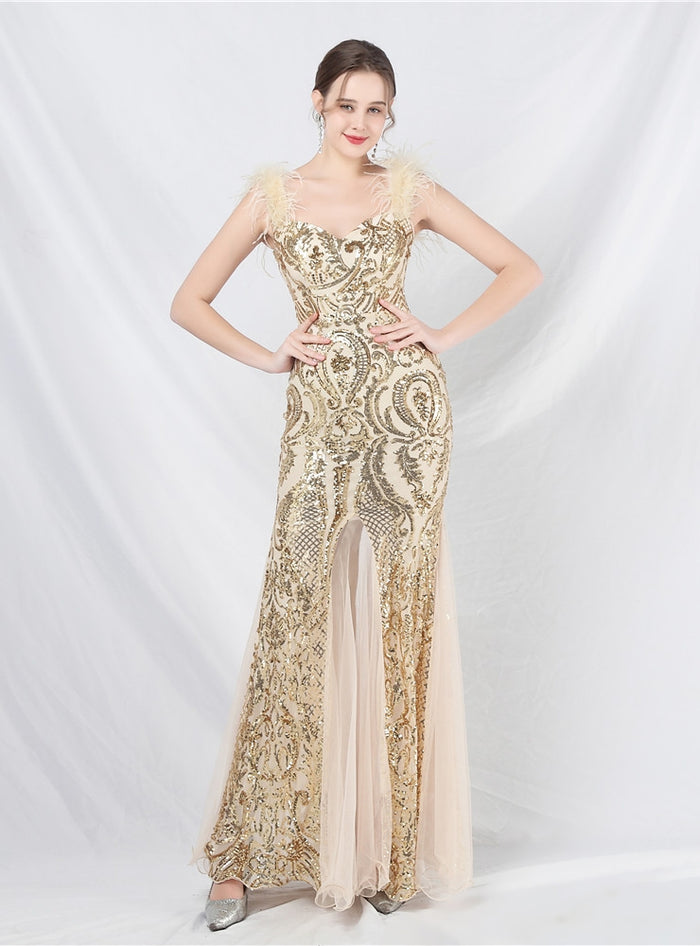 Mermaid Sequins Straps Split Prom Dress