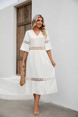 Solid Color V-neck Openwork Loose Dress