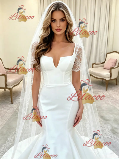 White Mermaid Satin Short Sleeve Lace Wedding Dress