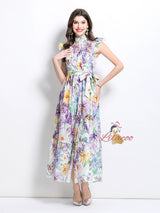Oil Painting Flower Lace Stitching Long Dress
