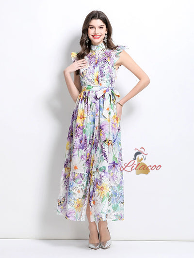 Oil Painting Flower Lace Stitching Long Dress