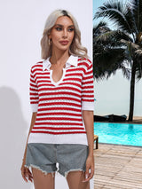 Striped Hollow Lapel Short-sleeved Shirt