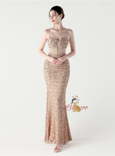 Mermaid Sequins Spaghetti Straps Appliques Prom Dress