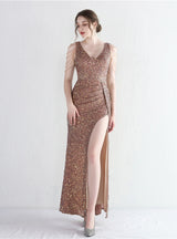 V-neck Sequins Beading Split Prom Dress