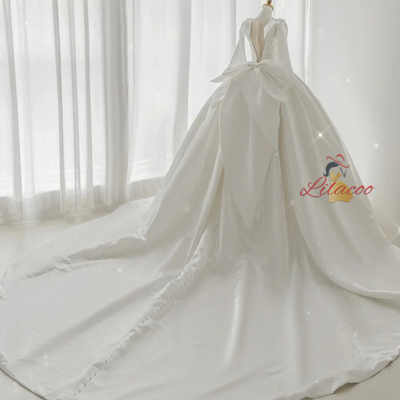 White Ball Gown Satin Pleats Pearls Wedding Dress