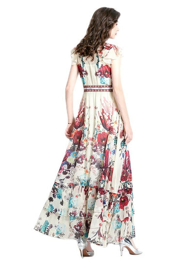 Retro Deep V-neck Printed Long Dress