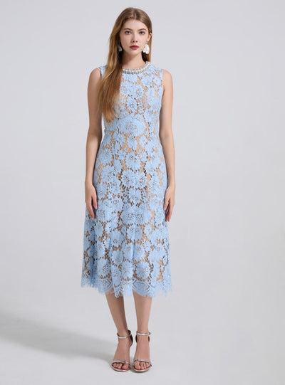 Heavy Industry Beaded Round Neck Lace Dress