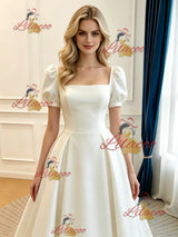 Beige White Satin Puff Sleeve Wedding Dress