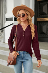 Solid Color V-neck Button Loose T-shirt