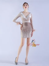 V-neck Sequins Long Sleeve Short Prom Dress