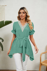 Solid Color Jacquard V-neck Loose Lace Chiffon Top