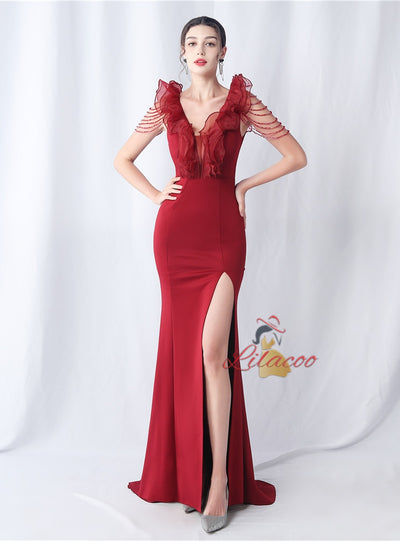 V-neck Mermaid Beading Prom Dress