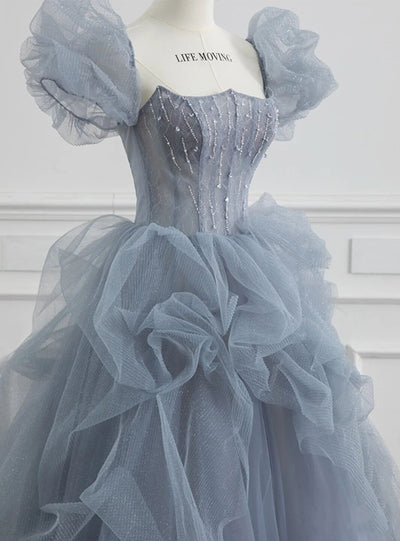 Blue Tulle Sequins Puff Sleeve Beading Prom Dress