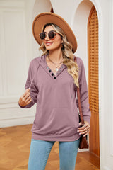 Button Drawstring Pocket Long Sleeve Top
