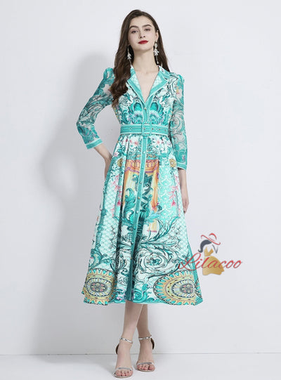 Retro V-neck Printed Long Sleeve Dress