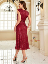 Bugundy Sequins V-neck Prom Dress