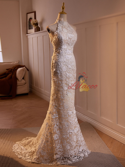 White Mermaid Lace Backless Wedding Dress