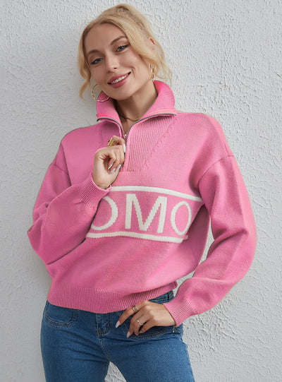 Women Letter Lapel Zipper Sweater