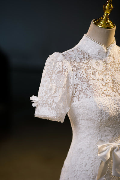 White Lace Short Sleeve Wedding Dress