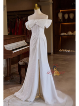 White Mermaid Split Pleats Prom Dress