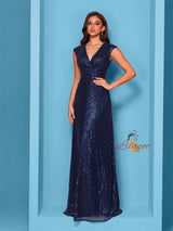 Navy Blue Sequins V-neck Prom Dress