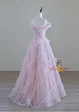 Pink Tulle Sequins 3D Flower Prom Dress