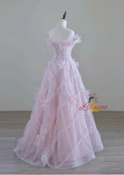 Pink Tulle Sequins 3D Flower Prom Dress