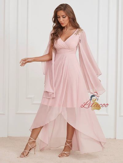 Pink Chiffon V-neck Prom Dress