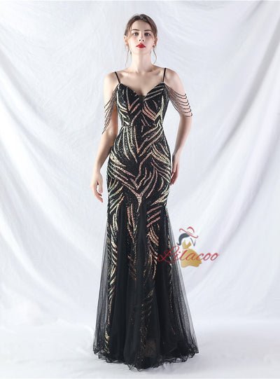 Spaghetti Straps Sequins Beading Prom Dress