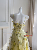 Yellow Tulle Print 3D Flower Prom Dress