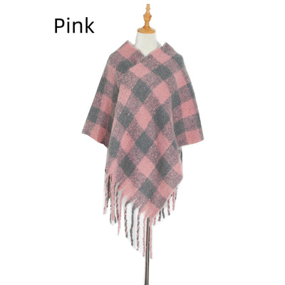 Thick Tassels Padded Plaid Shawl Cloak