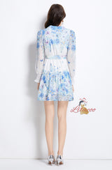 Deep V-neck Ribbon Printed Ruffled Dress