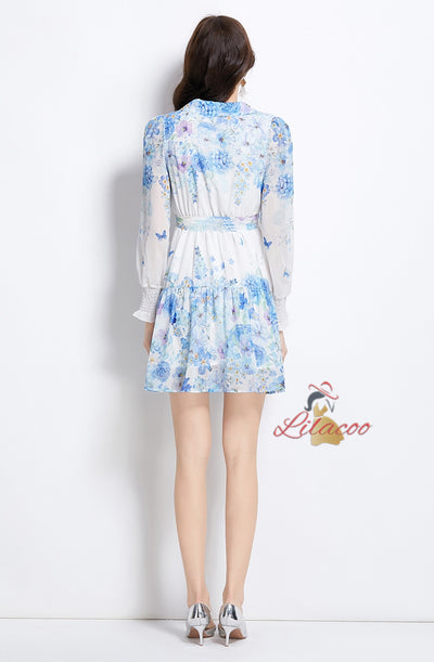 Deep V-neck Ribbon Printed Ruffled Dress