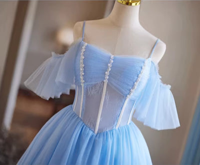 Blue Tulle Lace Pleats Homecoming Dress