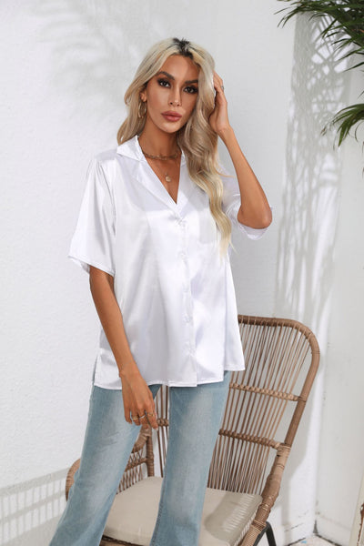Suit Collar Satin Short Sleeve Shirt