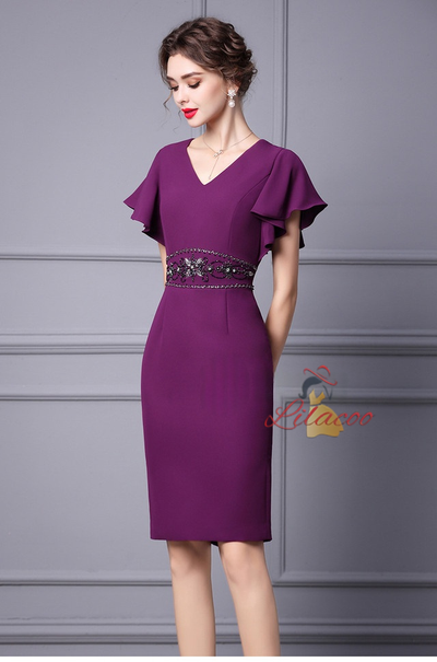 Purple V-neck Beading Mother Of The Bride Dress