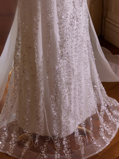White Mermaid Sequins Bow Wedding Dress