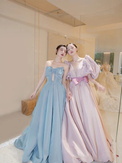 Blue Satin Strapless Pleats Bow Prom Dress