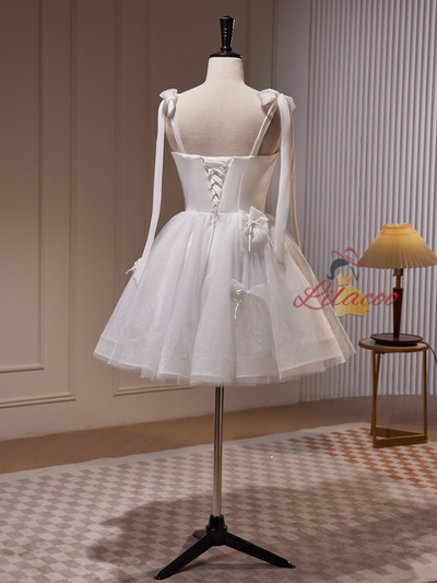 White Tulle Pearls Bow Homecoming Dress
