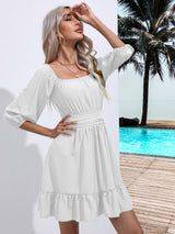 Ruffled Square Collar Short Sleeve Dress