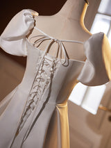 White Satin Puff Sleeve Pleats Wedding Dress