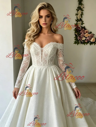White Long Sleeve Lace Off the Shoulder Wedding Dress