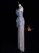 Gray Blue Mermaid Sequins Beading Prom Dress