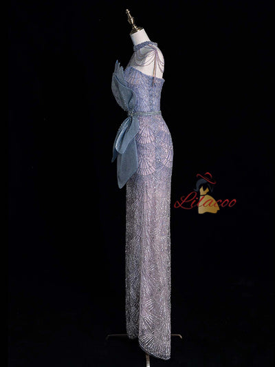 Gray Blue Mermaid Sequins Beading Prom Dress